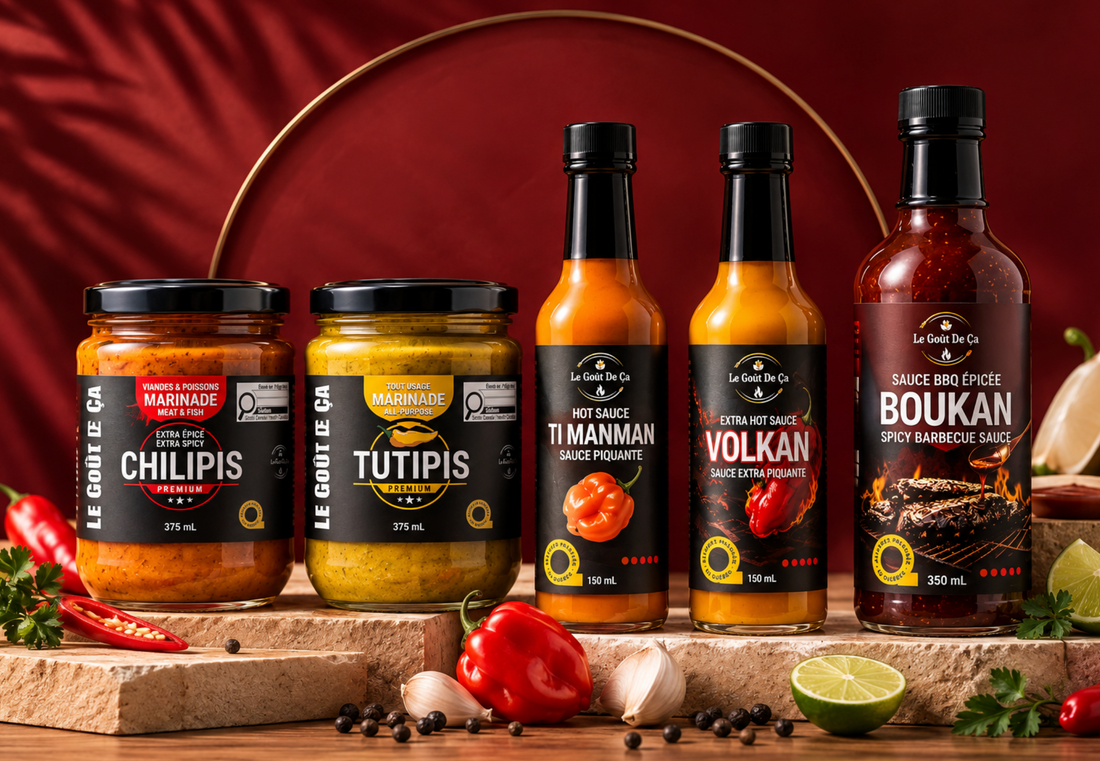 Kit Grillade Haïtienne Le Goût de Ça : marinades Chilipis et Tutipis, sauce BBQ Boukan, sauces piquantes Volkan et Ti Manman